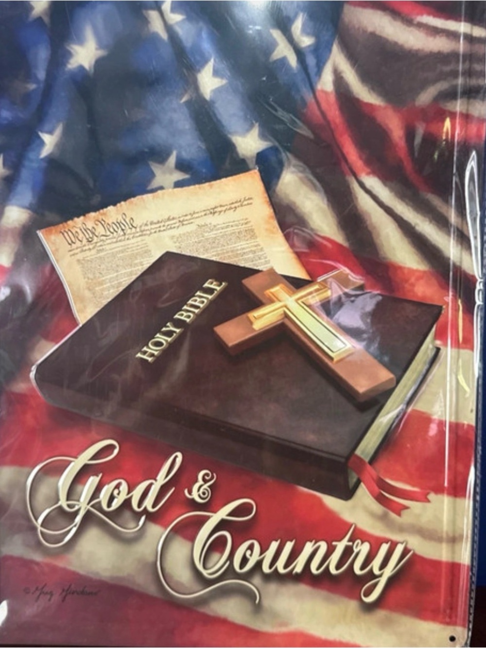 God & Country Decorative Flag with Brown Bible and Cross